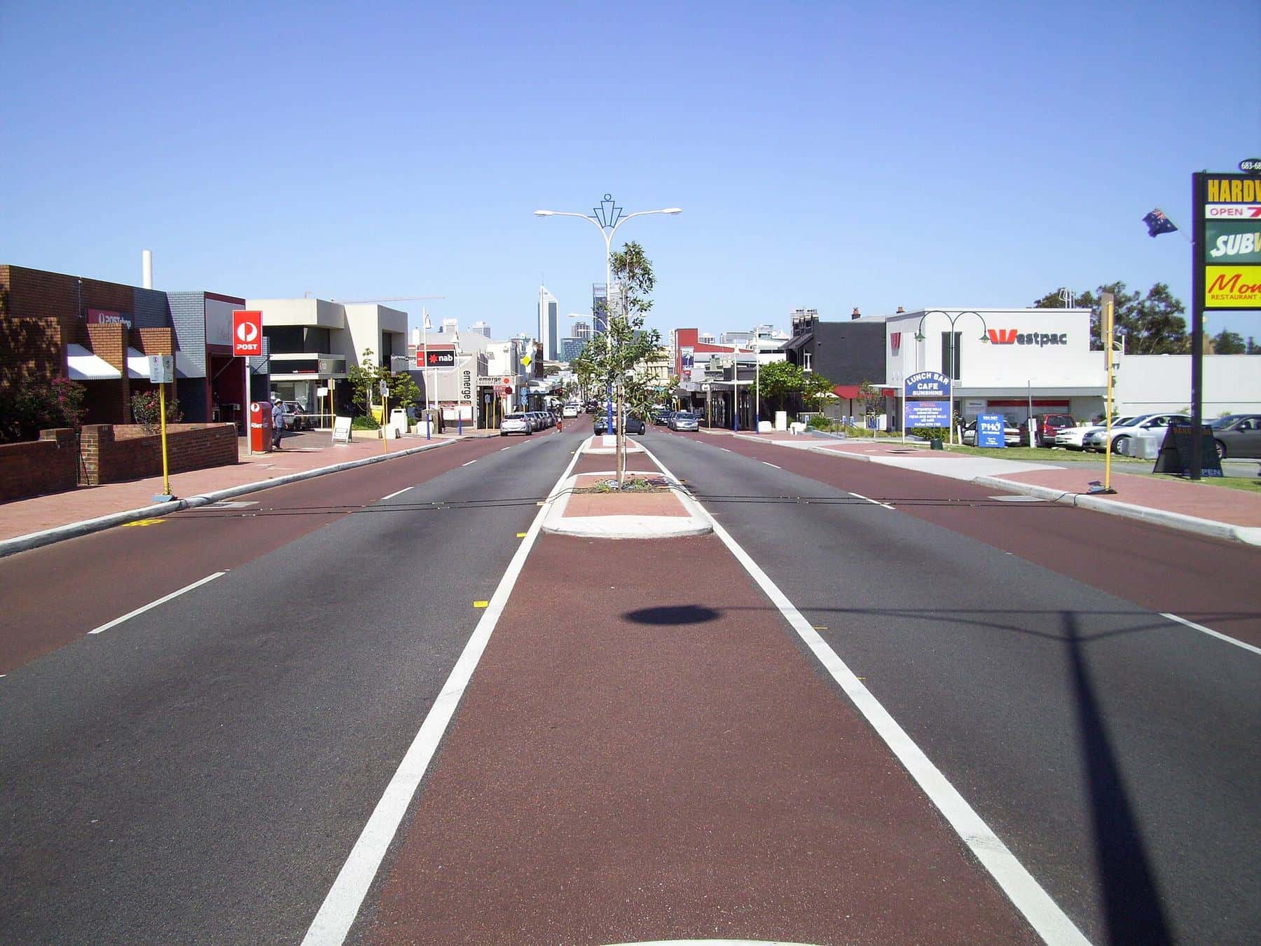 Beaufort Street in Mount Lawley looking south-west, with shopfronts and street trees